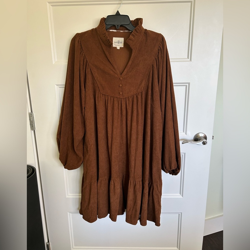 Umgee Brown Ruffled Collar Corduroy Tiered Long-Sleeve Dress